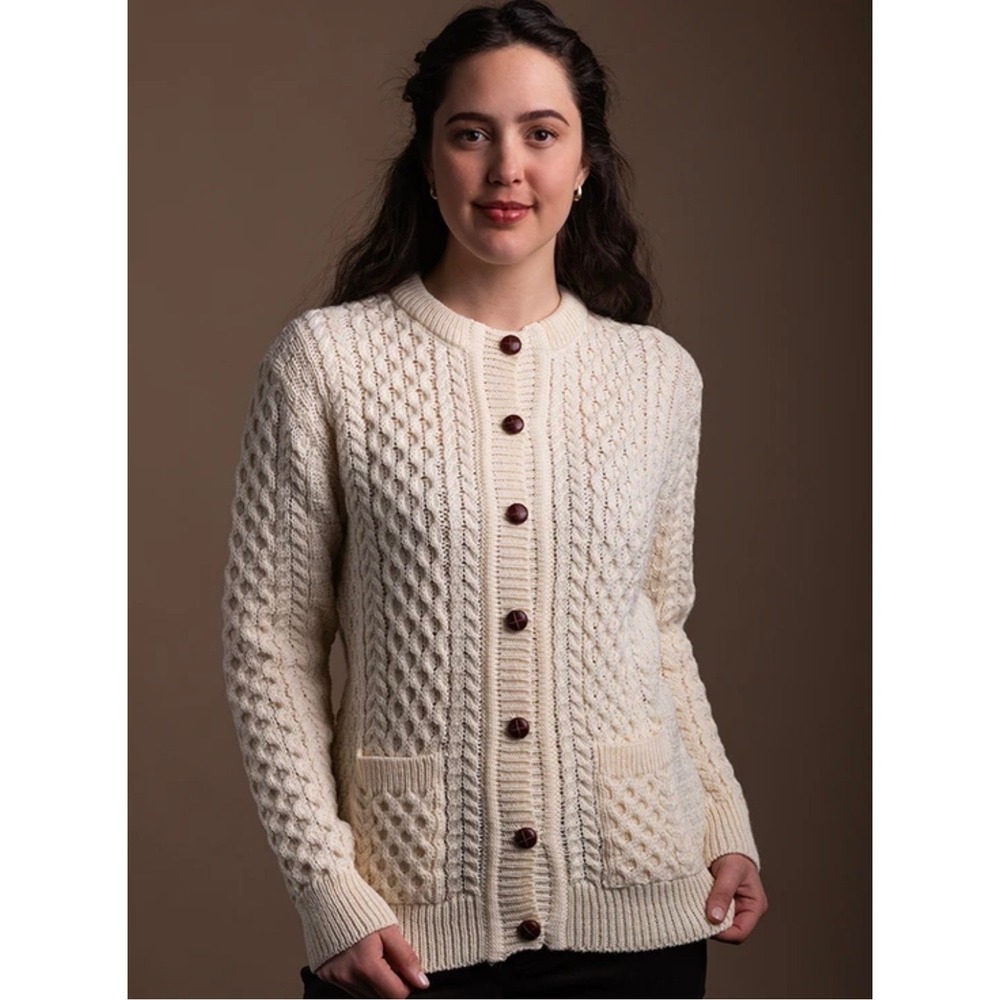Aran Sweater Market Cream 100% Merino Wool Cable Knit Cardigan Made in Ireland S